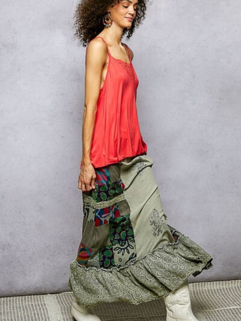 Printed Patchwork Embroidered Ruffled Skirt - Picture 5 of 6